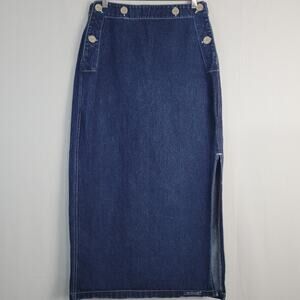 Vintage denim midi skirt size 11/12 blue side slit button front detail 90s Y2K